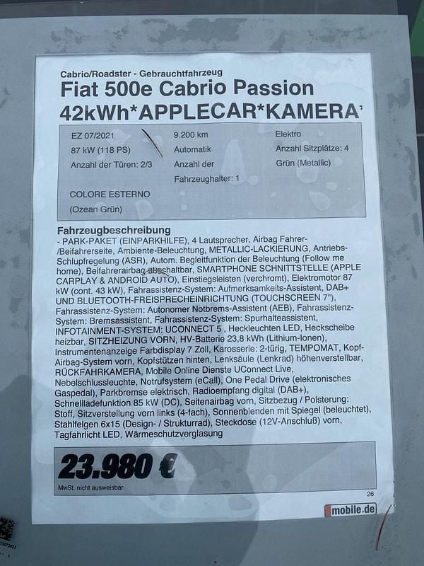 Gebraucht Fiat 500e 86 kW (118 PS) 2021 Grün Cabrio