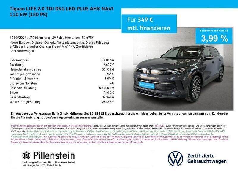 Delfingrau metallic Gebraucht 2024 VW Tiguan Life SUV | 37.806 € (Fairer Preis) - Bild 1/2