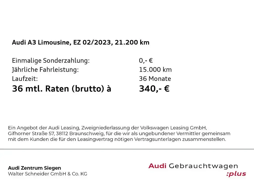 Gebraucht Audi A3 Business 110 PS (80 kW) 2023 Brillantschwarz Limousine