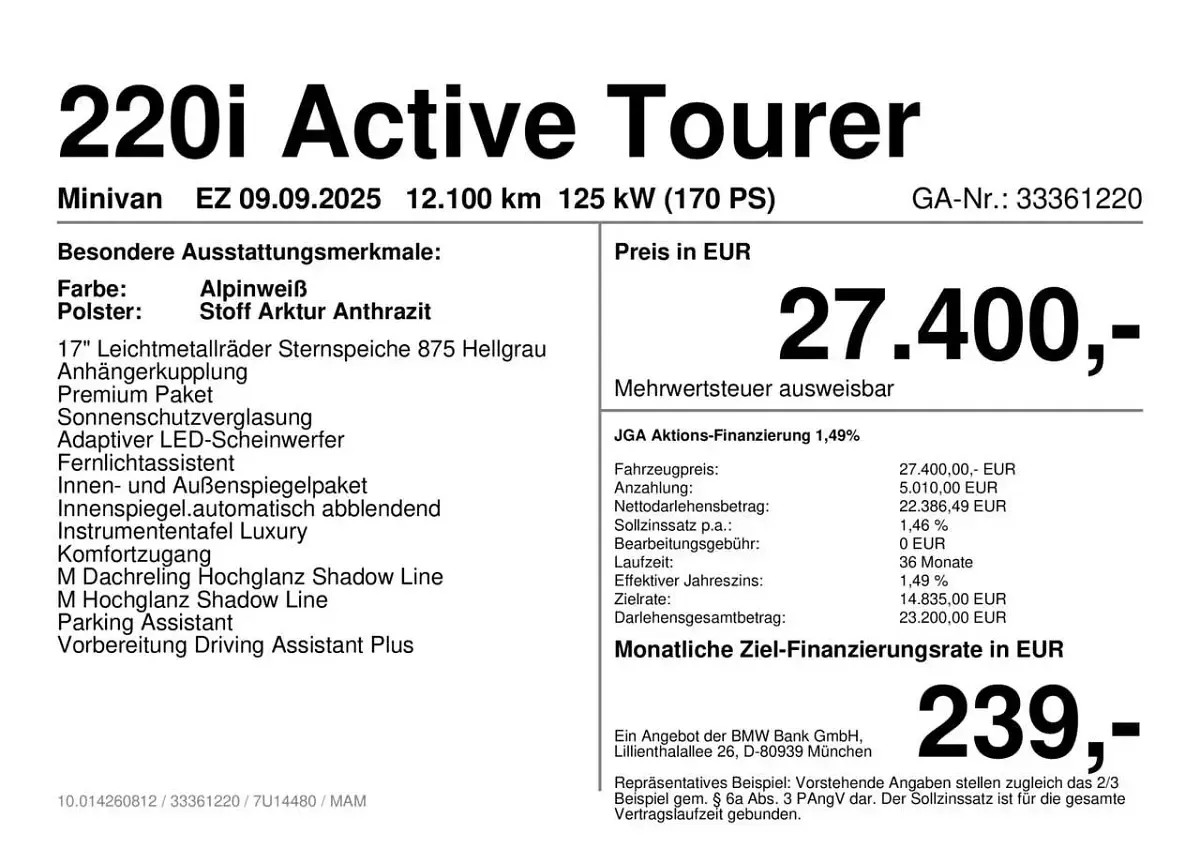 Gebraucht BMW 220 Active Tourer 170 PS (125 kW) 2025 Alpinweiß Van / Kleinbus