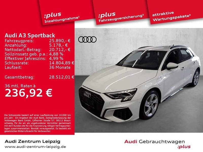 Gletscherweiß metallic Gebraucht 2022 Audi A3 Sportback e-tron S-Line Kleinwagen | 25.890 € (Guter Preis) - Bild 1/3