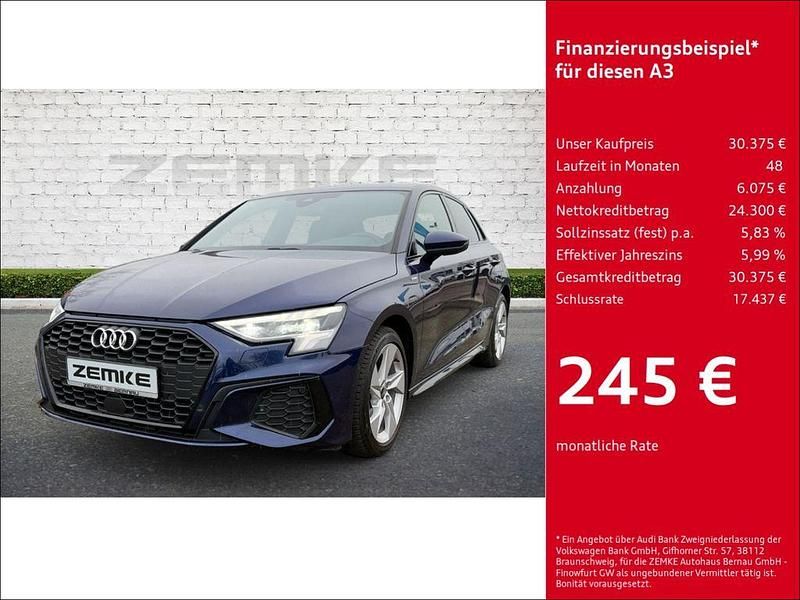 Blau Gebraucht 2023 Audi A3 Sportback S-Line Limousine | 30.375 € (Fairer Preis) - Bild 1/4
