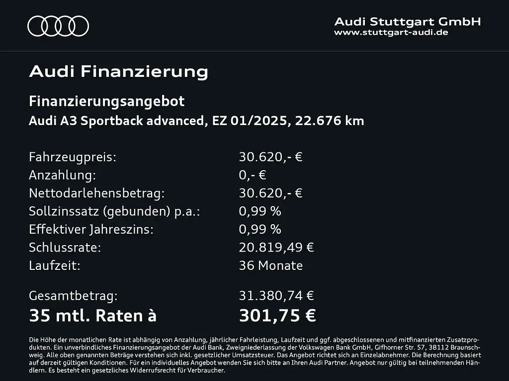 Gebraucht Audi A3 Advanced Plus 150 PS (110 kW) 2025 Mythosschwarz metallic Limousine