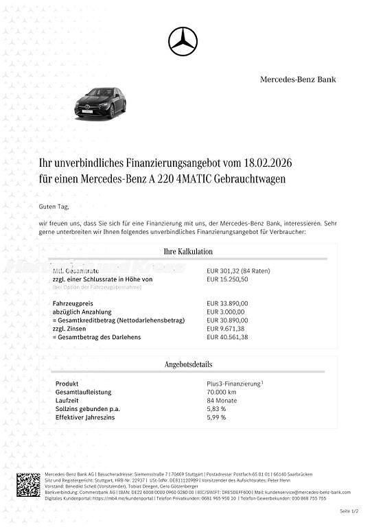 Gebraucht Mercedes A220 AMG line 190 PS (139 kW) 2022 Lack kosmosschwarz Limousine