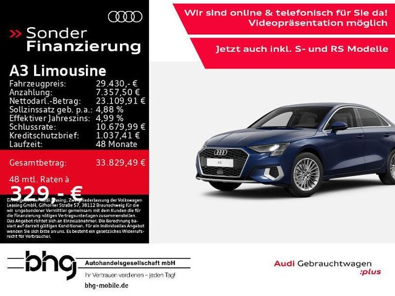 Navarrablau metallic Gebraucht 2024 Audi A3 Advanced Plus Limousine | 29.430 € (Fairer Preis) - Bild 1/4