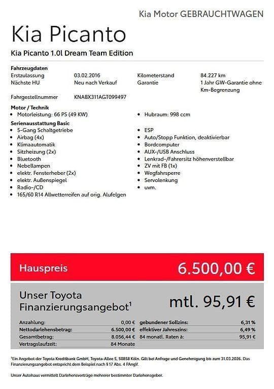 Weiß Gebraucht 2016 Kia Picanto DREAM-TEAM Edition Kleinwagen | 6.500 € (Fairer Preis) - Bild 1/1