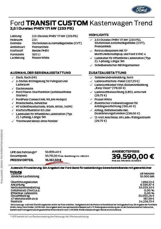 Neu Ford Transit Custom 232 PS (170 kW) 2026 Weiß Van / Kleinbus