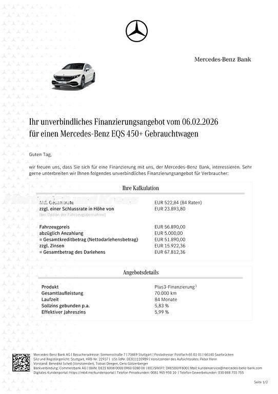 Gebraucht Mercedes EQS450+ Electric Art 244 kW (333 PS) 2023 Diamantweiss  lack Limousine