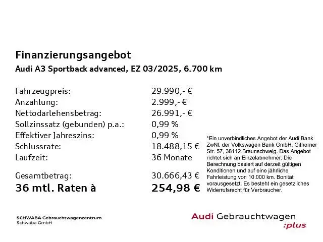 Gebraucht Audi A3 Advanced Plus 116 PS (85 kW) 2025 Navarrablau metallic Limousine