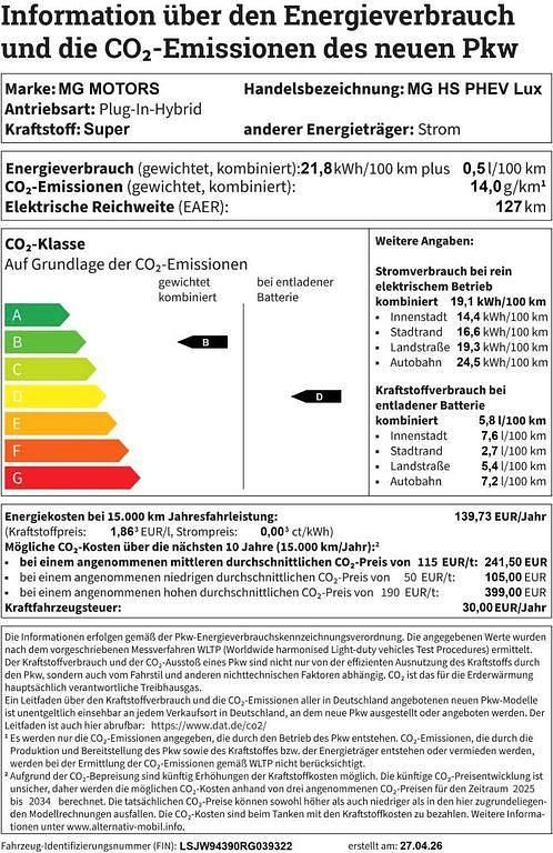 Second-hand MG HS 272 CP (200 kW) 2024 Alb SUV