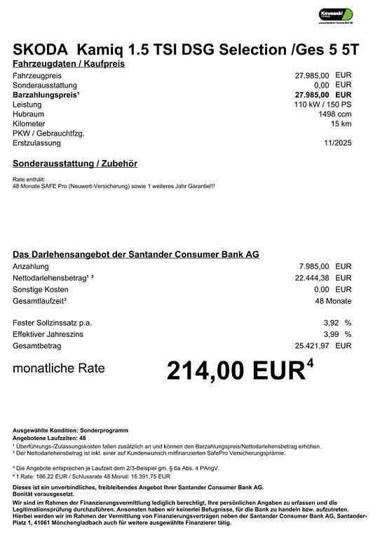 Neu Skoda Kamiq Selection 150 PS (110 kW) 2025 Schwarz SUV