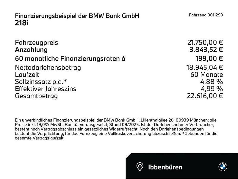 Saphirschwarz (schwarz) Gebraucht 2021 BMW 218 Advantage Van / Kleinbus | 21.750 € (Fairer Preis) - Bild 1/1