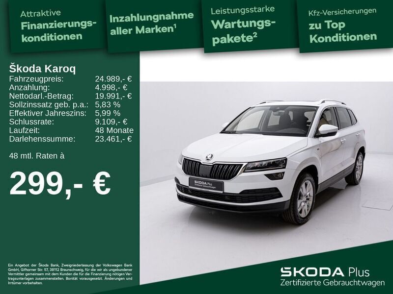 Moonweiß perleffekt/moonweis Gebraucht 2021 Skoda Karoq Ambition SUV | 26.745 € (Fairer Preis) - Bild 1/4
