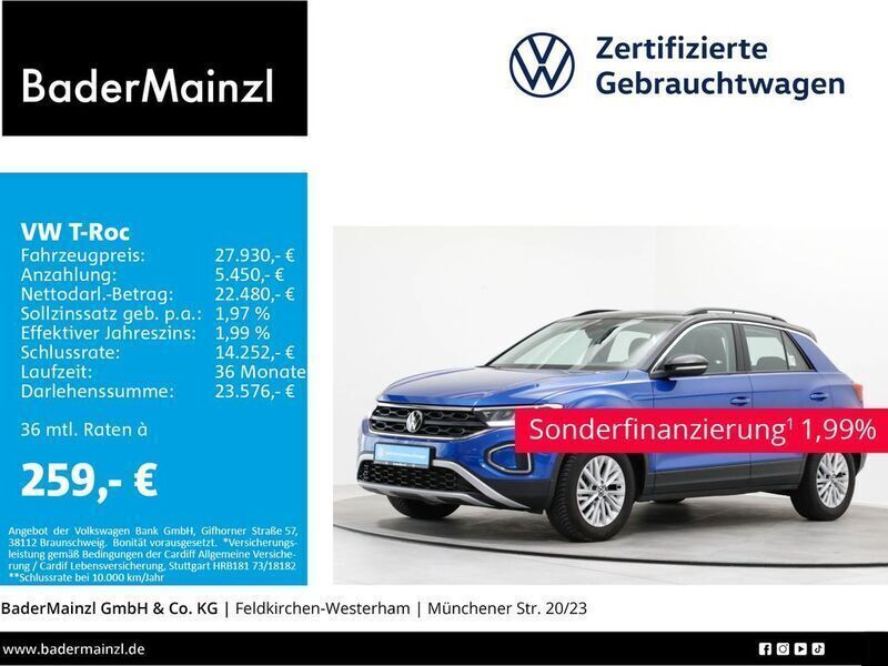 Ravennablau metallic/schwarz Gebraucht 2024 VW T-Roc Life SUV | 27.930 € (Guter Preis) - Bild 1/3