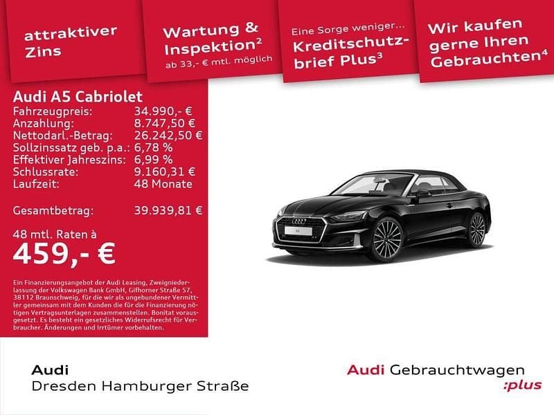 Brillantschwarz Gebraucht 2022 Audi A5 Cabriolet Ambiente Cabrio | 34.990 € (Guter Preis) - Bild 1/3