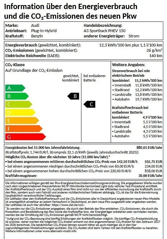 Neu Audi A3 Sportback e-tron Sport 150 PS (110 kW) 2026 Schwarz Kleinwagen