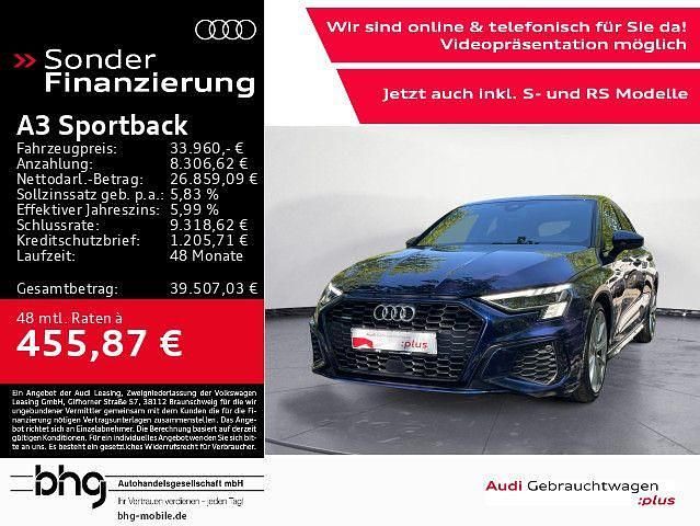 Blau Gebraucht 2021 Audi A3 Sportback S-Line Limousine | 33.960 € (Fairer Preis) - Bild 1/4