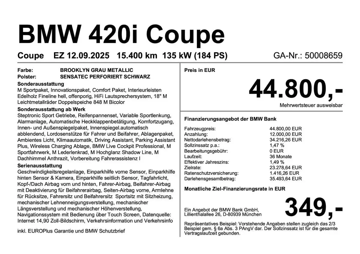 Gebraucht BMW 420 Coupé M Sport 184 PS (135 kW) 2025 Brooklyn grau metallic Coupé