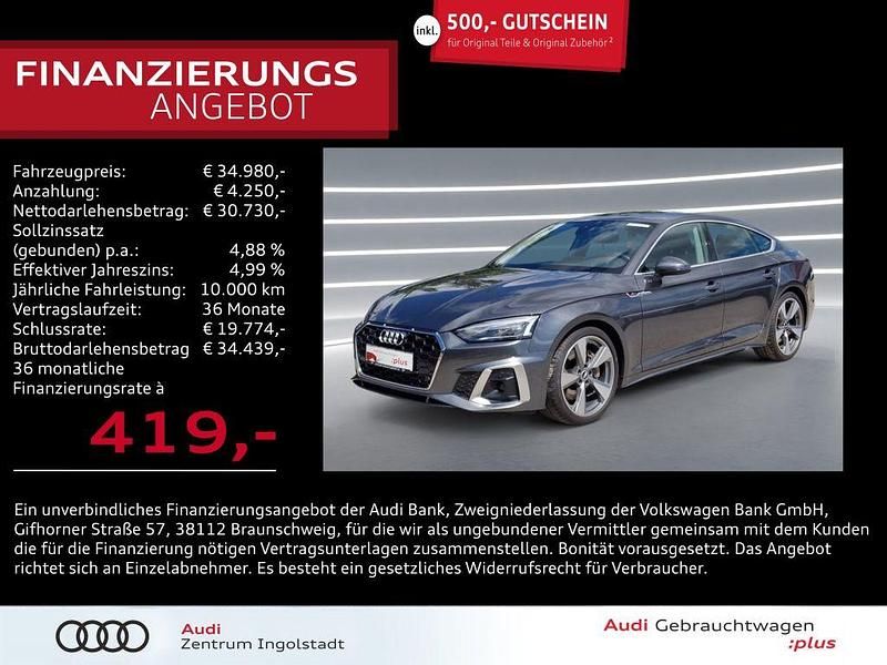 Grau metallic Gebraucht 2021 Audi A5 Sportback S-Line Limousine | 34.980 € (Superpreis) - Bild 1/2