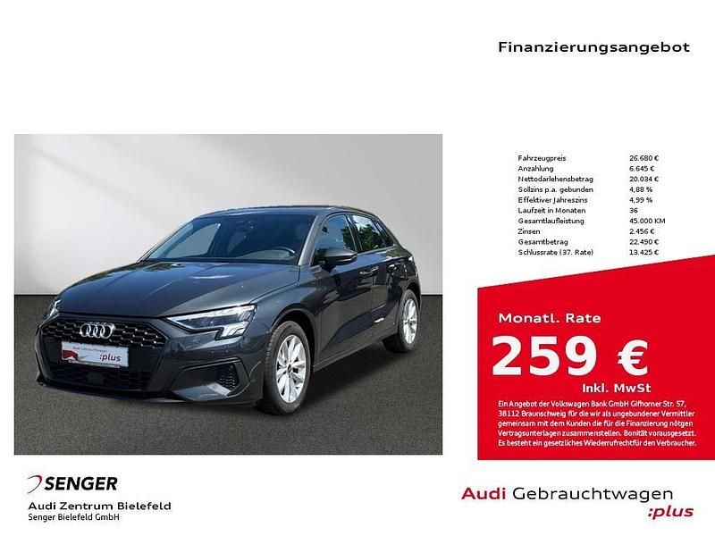 Grau Gebraucht 2023 Audi A3 Sportback Sport Limousine | 26.680 € (Fairer Preis) - Bild 1/4