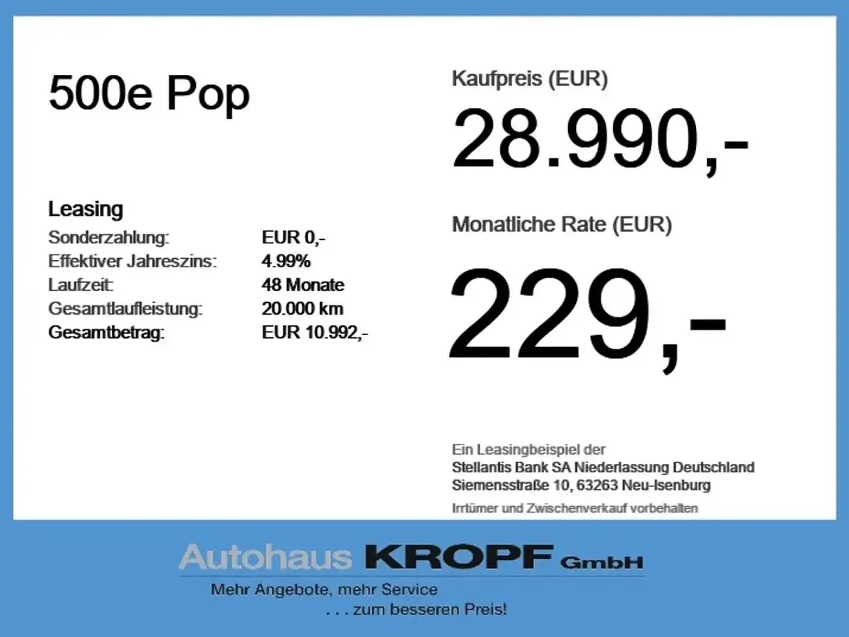 Neu Fiat 500e Pop 86 kW (118 PS) 2025 Gelb Limousine