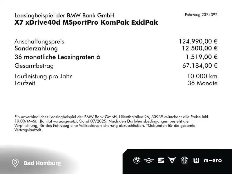 Saphirschwarz metallic (schwarz) Neu 2025 BMW X7 Comfort Edition SUV | 124.990 € - Bild 1/1