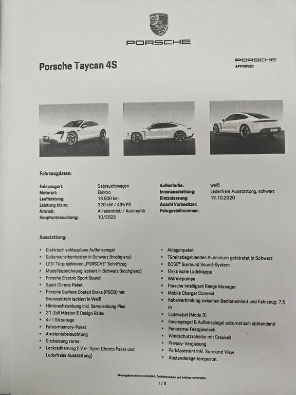 Weiß Gebraucht 2020 Porsche Taycan 4S Limousine | 72.590 € (Teuer) - Bild 1/4