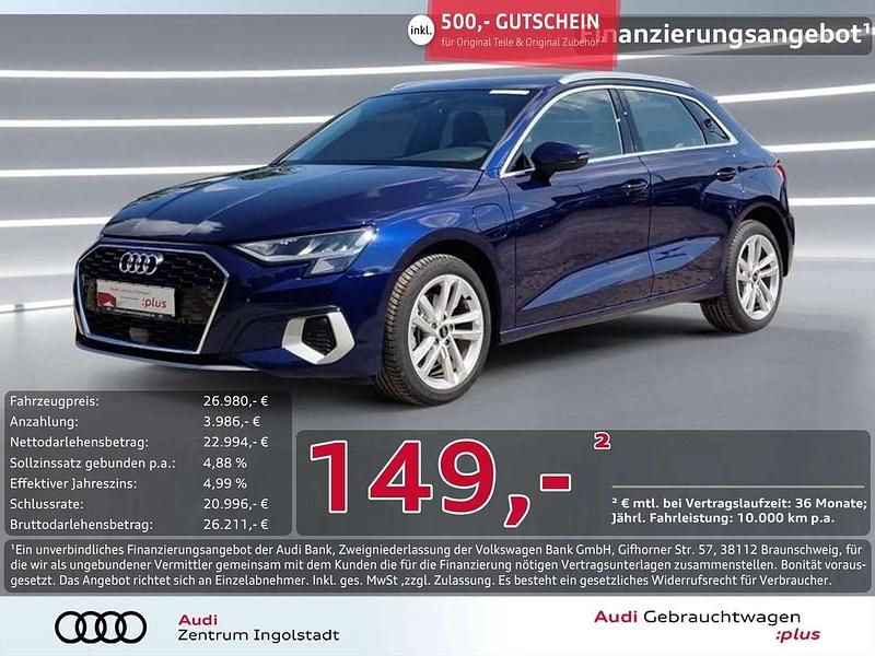 Navarrablau metallic Gebraucht 2024 Audi A3 Sportback e-tron Advanced Plus Kleinwagen | 26.980 € (Guter Preis) - Bild 1/2