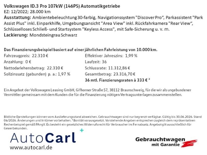 Gebraucht VW ID.3 Pro 106 kW (145 PS) 2022 Mondsteingrau schwarz Kleinwagen
