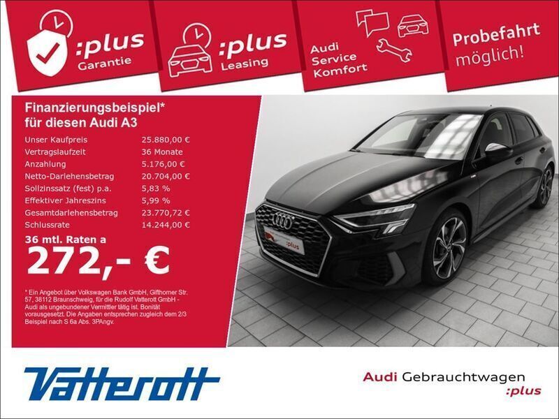 Schwarz Gebraucht 2021 Audi A3 Sportback S-Line Limousine | 25.880 € (Fairer Preis) - Bild 1/4