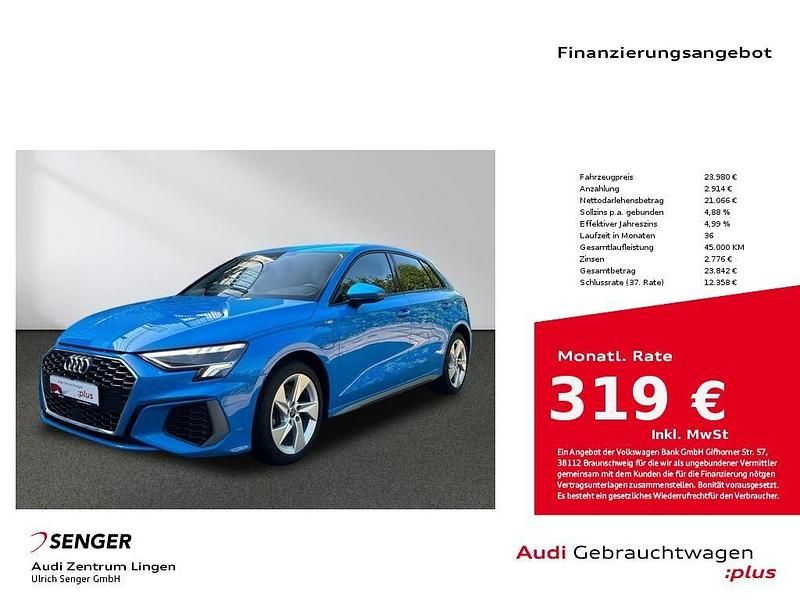 Blau Gebraucht 2021 Audi A3 Sportback e-tron S-Line Limousine | 23.980 € (Superpreis) - Bild 1/4