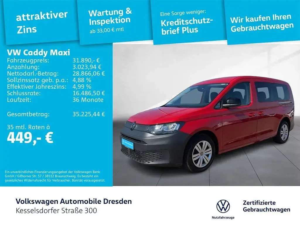 Second-hand VW Caddy Maxi Basis 114 CP (83 kW) 2024 Roșu Monovolum