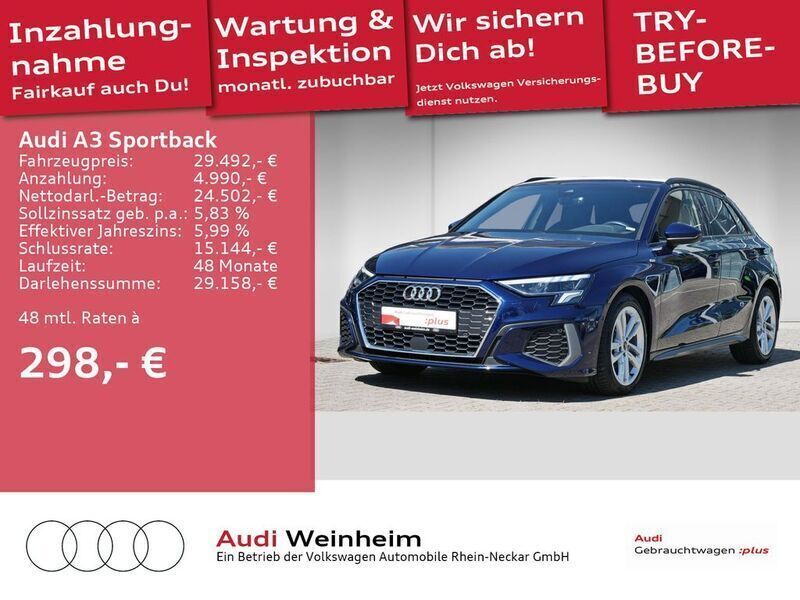 Blau Gebraucht 2022 Audi A3 Sportback S-Line Limousine | 29.492 € (Fairer Preis) - Bild 1/2