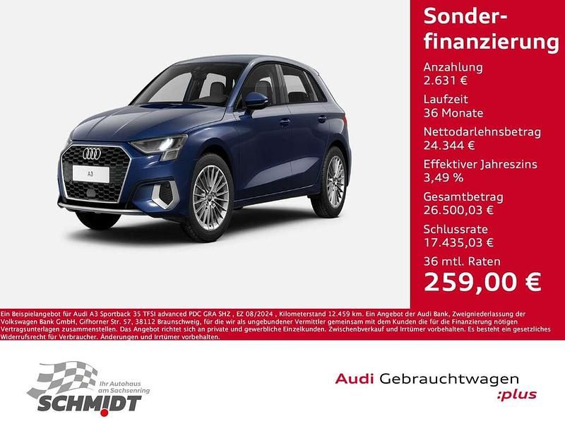 Blau Gebraucht 2024 Audi A3 Sportback Advanced Limousine | 26.975 € (Superpreis) - Bild 1/4