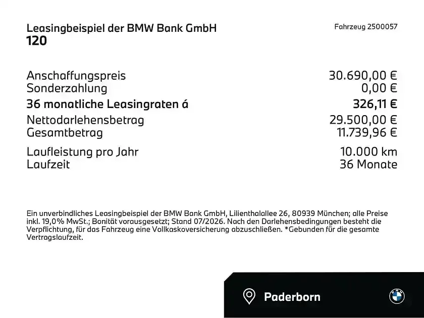 Neu BMW 120 Comfort Edition 170 PS (125 kW) 2026 Schwarz (schwarz) Kleinwagen