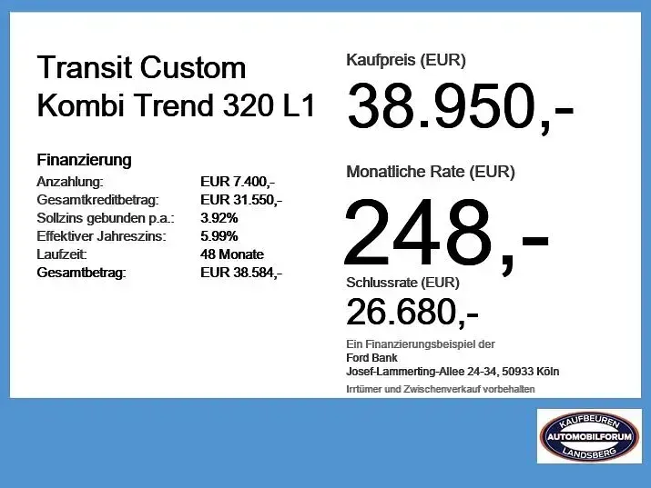Neu Ford Transit Custom Trend 136 PS (100 kW) 2026 Frost weiß Kombi