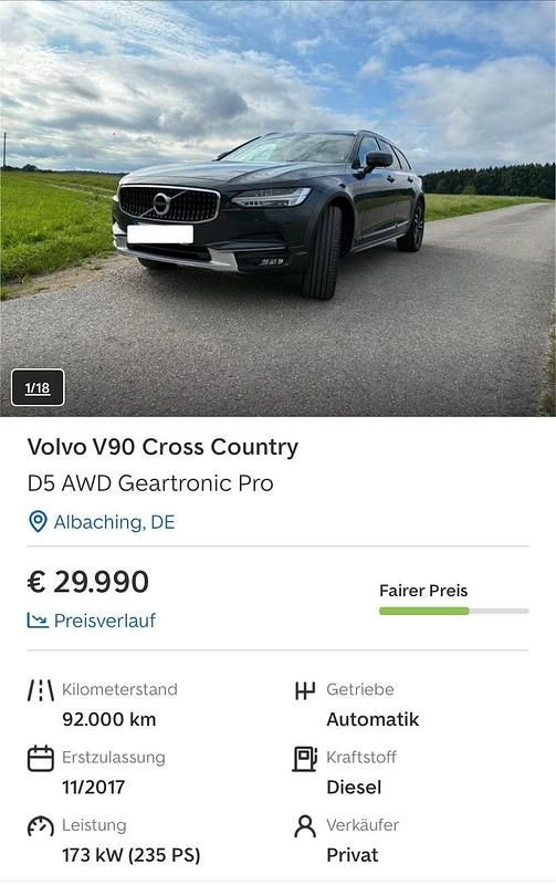 Grau Gebraucht 2017 Volvo V90 CC Pro Kombi | 28.000 € (Fairer Preis) - Bild 1/4