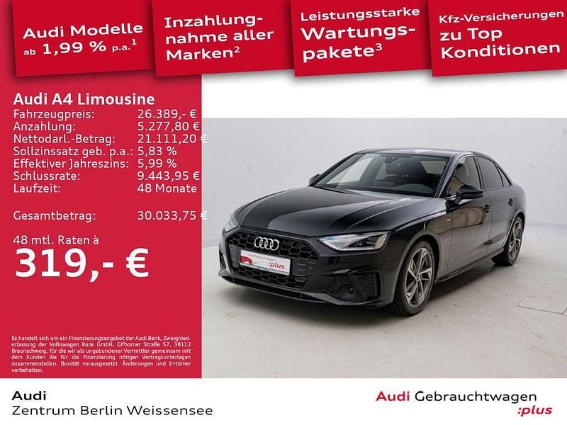 Mythosschwarz metallic Gebraucht 2021 Audi A4 S-Line Limousine | 26.389 € (Superpreis) - Bild 1/4