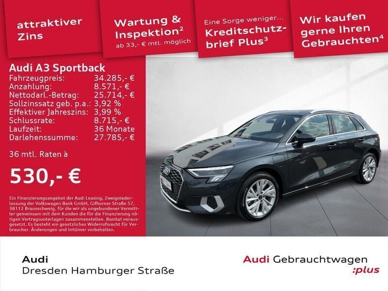 Manhattangrau metallic Neu 2024 Audi A3 Sportback e-tron Advanced Plus Limousine | 34.980 € (Fairer Preis) - Bild 1/3