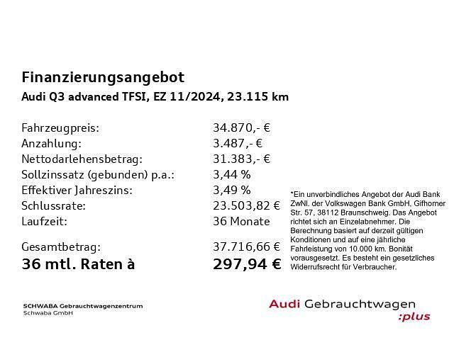 Gebraucht Audi Q3 Advanced Plus 150 PS (110 kW) 2024 Mythosschwarz metallic SUV