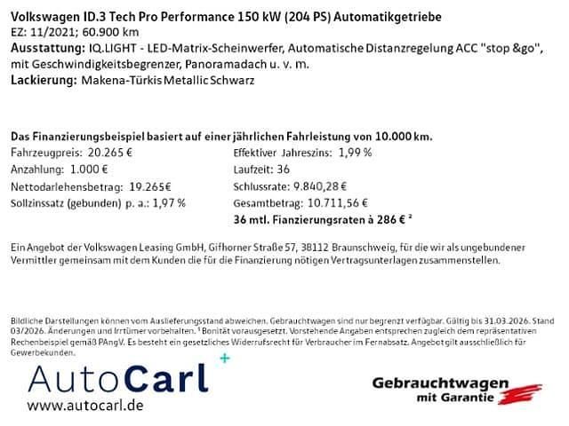 Gebraucht VW ID.3 Pro Performance 150 kW (204 PS) 2021 Blau Kleinwagen