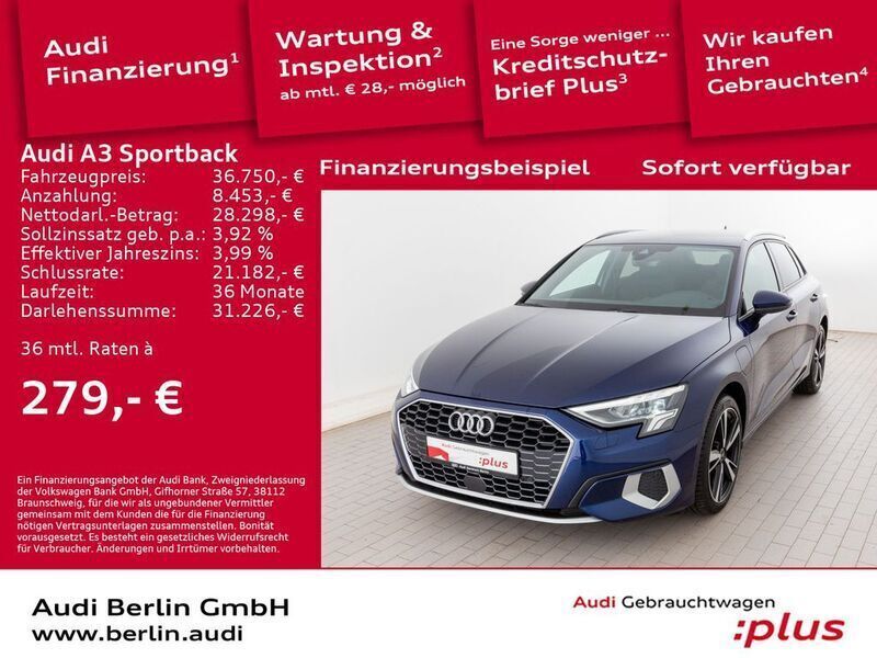 Navarrablau metallic Gebraucht 2024 Audi A3 Sportback e-tron Advanced Plus Limousine | 36.750 € (Teuer) - Bild 1/3