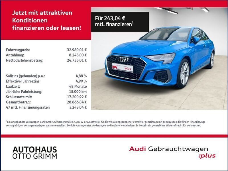 Turboblau Gebraucht 2023 Audi A3 S-Line Limousine | 32.480 € (Fairer Preis) - Bild 1/4