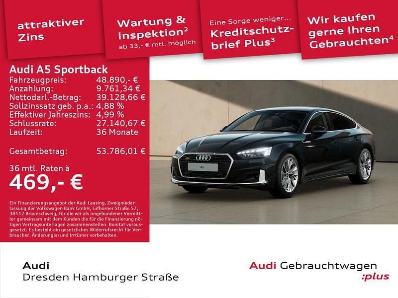Brillantschwarz Gebraucht 2024 Audi A5 Sportback Advanced Plus Limousine | 48.890 € - Bild 1/3