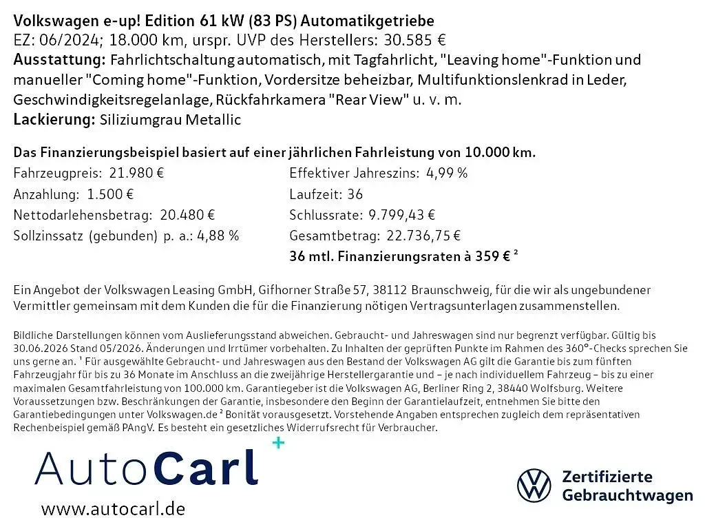 Gebraucht VW e-up! Edition 61 kW (83 PS) 2024 Grau Kleinwagen