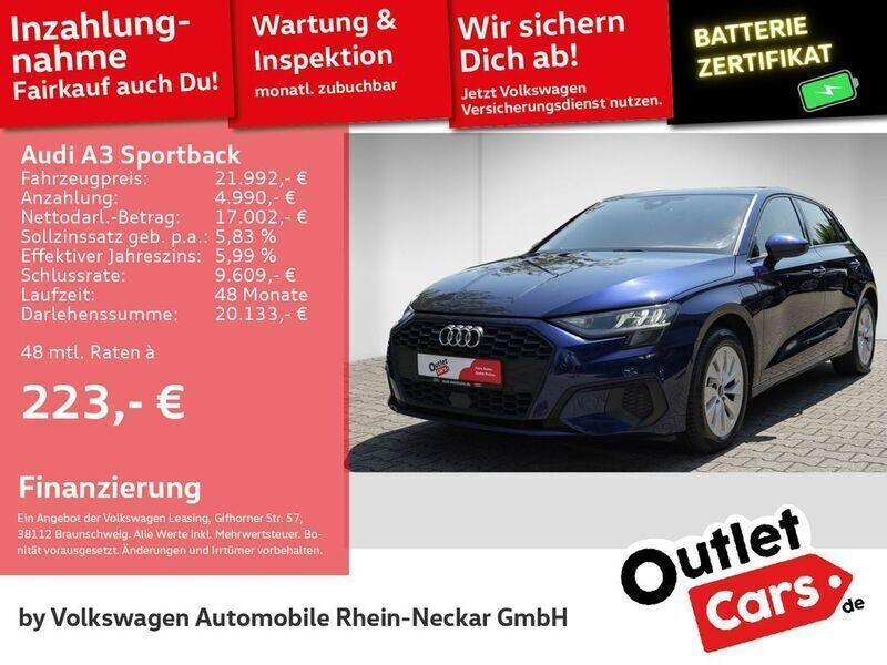 Navarrablau metallic Gebraucht 2022 Audi A3 Sportback e-tron Advanced Limousine | 21.992 € (Fairer Preis) - Bild 1/2