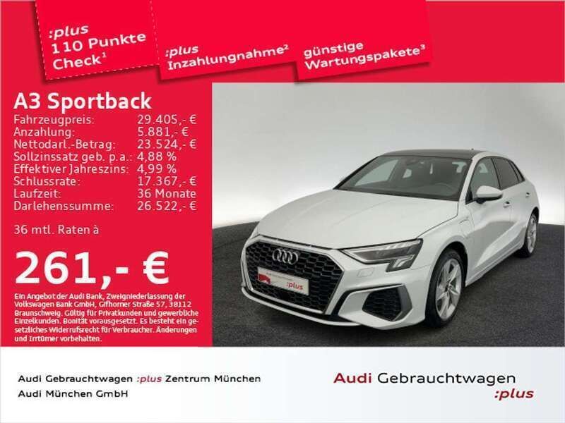 Gletscherweiß metallic Gebraucht 2022 Audi A3 e-tron S-Line Kleinwagen | 29.405 € (Fairer Preis) - Bild 1/2