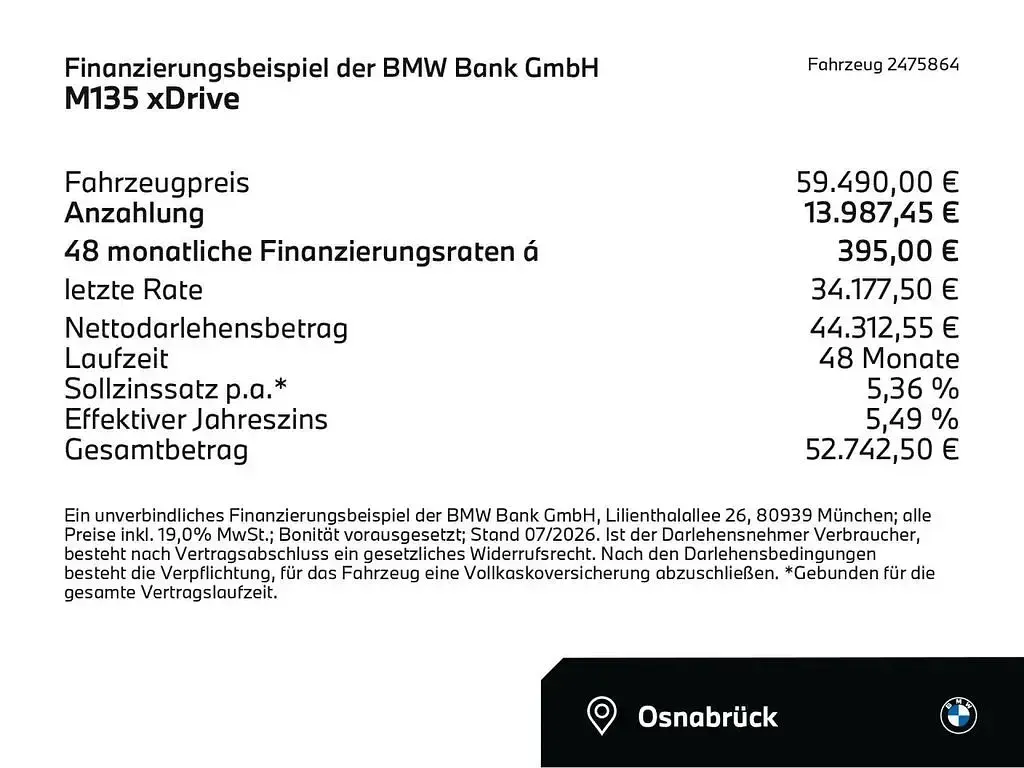 Neu BMW M135 Comfort Edition 300 PS (220 kW) 2026 Storm bay (grau) Kleinwagen