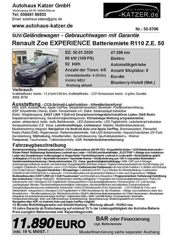 Gebraucht Renault Zoe Experience 80 kW (109 PS) 2020 Blueberryviolett Kleinwagen