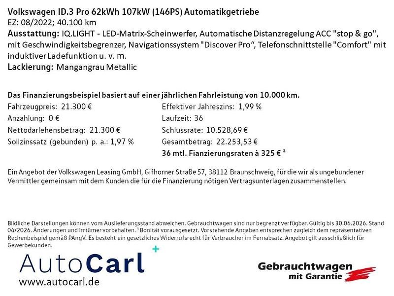 Gebraucht VW ID.3 Pro 106 kW (145 PS) 2022 Grau Kleinwagen